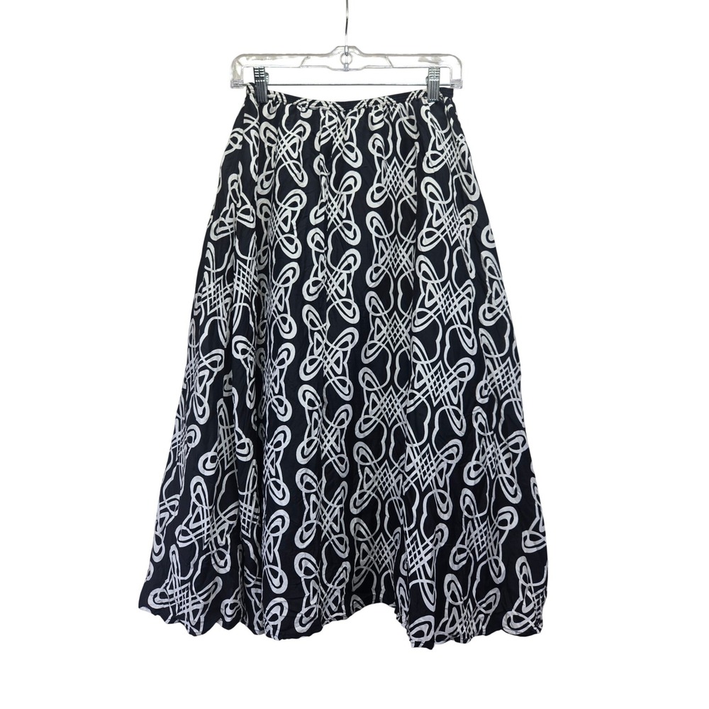 Chicos Silk Midi Skirt Size 0 Small Black White Geometric Scroll Elastic Waist - Picture 5 of 5